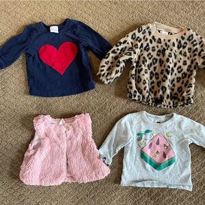Lot of 4 baby tops: 2 Tea Collection tees + vest + leopard fleece sweater, 6MO